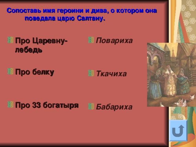 Сопоставь имя героини и дива, о котором она поведала царю Салтану .   Про Царевну-лебедь  Про белку   Про 33 богатыря   Повариха   Ткачиха   Бабариха Ответ на вопрос выходит по щелчку. Управляющая кнопка – возврат на слайд с номинациями   