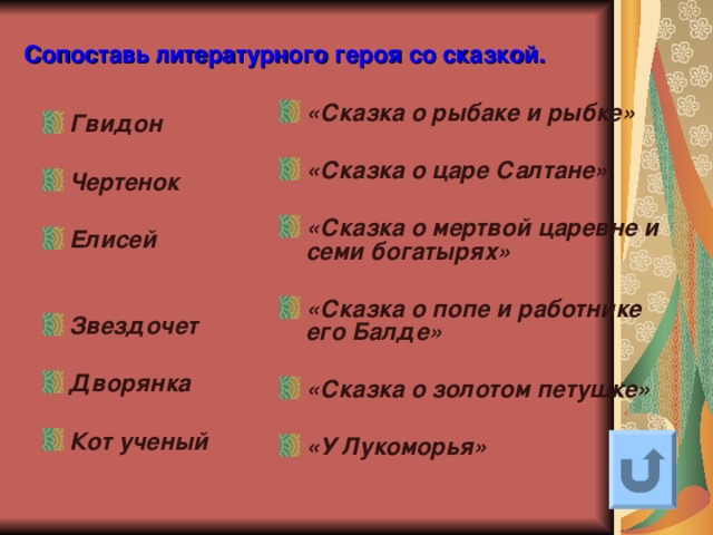 Сопоставь литературного героя со сказкой.  «Сказка о рыбаке и рыбке»  «Сказка о царе Салтане»  «Сказка о мертвой царевне и семи богатырях»  «Сказка о попе и работнике его Балде»  «Сказка о золотом петушке»  «У Лукоморья»   Гвидон  Чертенок  Елисей   Звездочет  Дворянка  Кот ученый   Ответ на вопрос выходит по щелчку. Управляющая кнопка – возврат на слайд с номинациями   