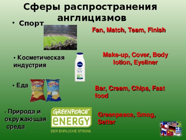 Сферы распространения англицизмов Спорт   Fan, Match, Team, Finish Make-up, Cover, Body lotion, Eyeliner • Косметическая индустрия  •  Еда Bar, Cream, Chips, Fast food • Природа и окружающая  среда Greenpeace, Smog, Setter 