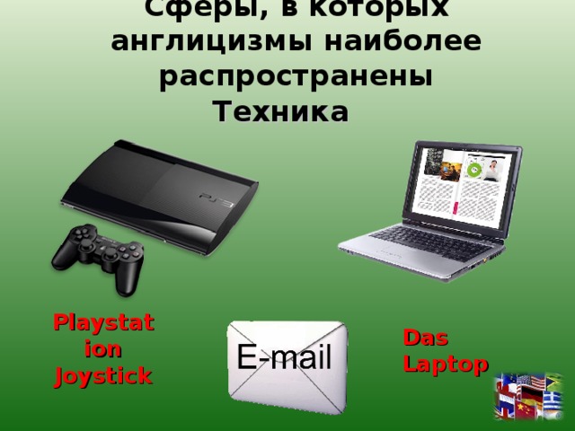  Сферы, в которых англицизмы наиболее распространены     Техника  Playstation Joystick Das Laptop  