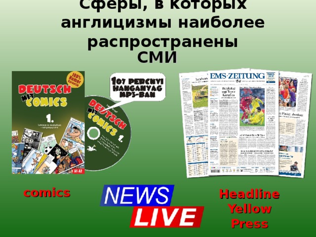  Сферы, в которых англицизмы наиболее распространены     C МИ comics Headline Yellow Press  