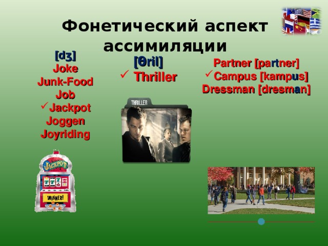 Фонетический аспект ассимиляции  [dʒ] Joke Junk-Food Job Jackpot J oggen Joyriding [ θ ril]  Thriller Partner [pa rt ner] Campus [kamp u s] Dressman [dresm a n]   