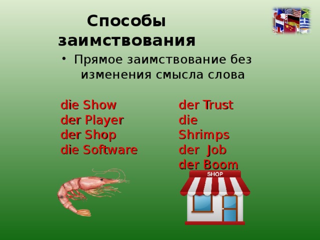 Способы заимствования Прямое заимствование без изменения смысла слова   die Show der Player der Shop die Software der Trust die Shrimps der Job der Boom 