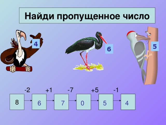 Найди пропущенное число 4 5 6 -1 +5 -7 -2 +1 8 6 7 0 5 4