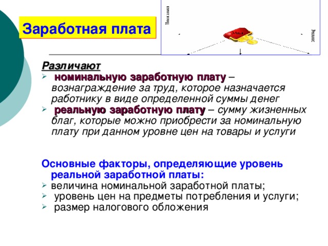 Заработная плата Различают  номинальную заработную плату  – вознаграждение за труд, которое назначается работнику в виде определенной суммы денег  реальную заработную плату  – сумму жизненных благ, которые можно приобрести за номинальную плату при данном уровне цен на товары и услуги   Основные факторы, определяющие уровень реальной заработной платы: величина номинальной заработной платы;  уровень цен на предметы потребления и услуги;  размер налогового обложения 
