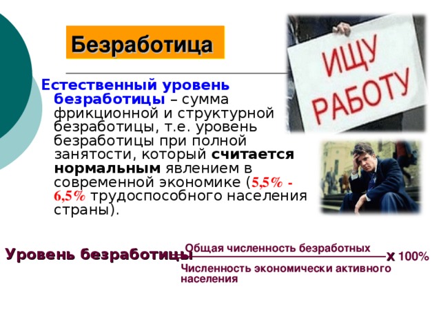 Безработица  Естественный уровень безработицы  – сумма фрикционной и структурной безработицы, т.е. уровень безработицы при полной занятости, который считается нормальным явлением в современной экономике ( 5,5% - 6,5%  трудоспособного населения страны). Общая численность безработных Уровень безработицы = Х  100% Численность экономически активного населения 