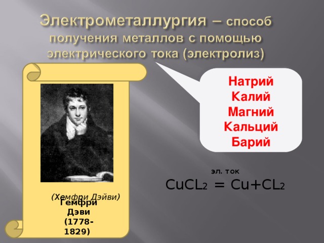 Натрий Калий Магний Кальций Барий  эл. ток  CuCL 2 = Cu+CL 2  (Хемфри Дэйви) Гемфри Дэви (1778-1829) 