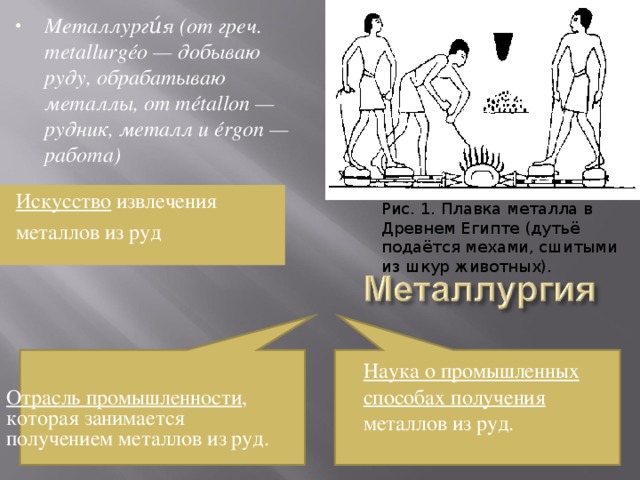 Металлурги́я (от греч. metallurgéo — добываю руду, обрабатываю металлы, от métallon — рудник, металл и érgon — работа)   Искусство извлечения металлов из руд Рис. 1. Плавка металла в Древнем Египте (дутьё подаётся мехами, сшитыми из шкур животных).  Отрасль промышленности , которая занимается получением металлов из руд. Наука о промышленных способах получения металлов из руд. 