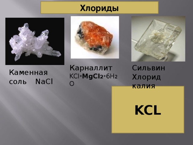 Хлориды Карналлит KCl * MgCl 2 * 6H 2 O Сильвин Хлорид калия Каменная соль  NaCl KCL 