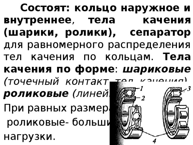  Состоят: кольцо наружное и внутреннее , тела качения (шарики, ролики), сепаратор для равномерного распределения тел качения по кольцам. Тела качения по форме : шариковые (точечный контакт тел качения), роликовые (линейный контакт) . При равных размерах  роликовые- большие нагрузки. 