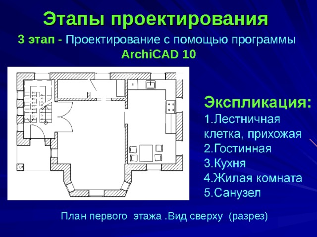 Этапы проектирования  3 этап - Проектирование с помощью программы  ArchiCAD 10    План первого этажа .Вид сверху (разрез)  