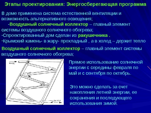 Этапы проектирования: Энергосберегающая программа    В доме применена система естественной вентиляции и возможность альтернативного освещения;  - Воздушный солнечный коллектор – главный элемент системы воздушного солнечного обогрева; Спроектированный дом сделан из ракушечника . Крымский камень- в жару- прохладный ,  а в холод –  держит тепло Воздушный солнечный коллектор – главный элемент системы воздушного солнечного обогрева; Прямое использование солнечной энергии с середины февраля по май и с сентября по октябрь. Это можно сделать за счет накопления летней энергии, ее сохранения и последующего использования зимой. 