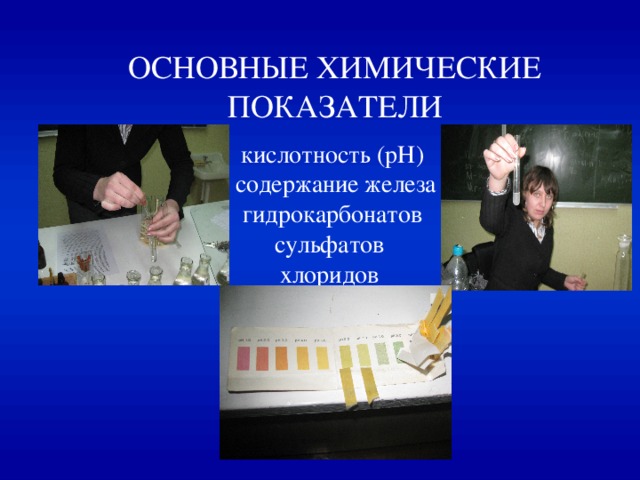  ОСНОВНЫЕ ХИМИЧЕСКИЕ ПОКАЗАТЕЛИ кислотность (рН)  содержание железа гидрокарбонатов сульфатов хлоридов  