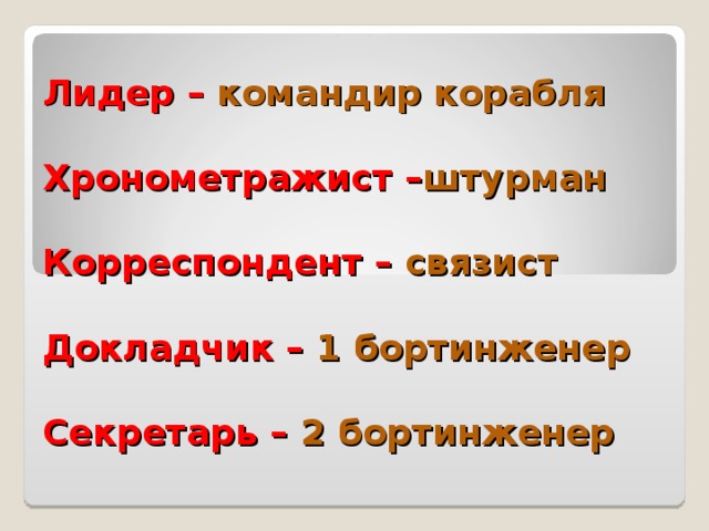 Лидер –  командир корабля    Хронометражист – штурман    Корреспондент – связист   Докладчик – 1  бортинженер   Секретарь – 2 бортинженер