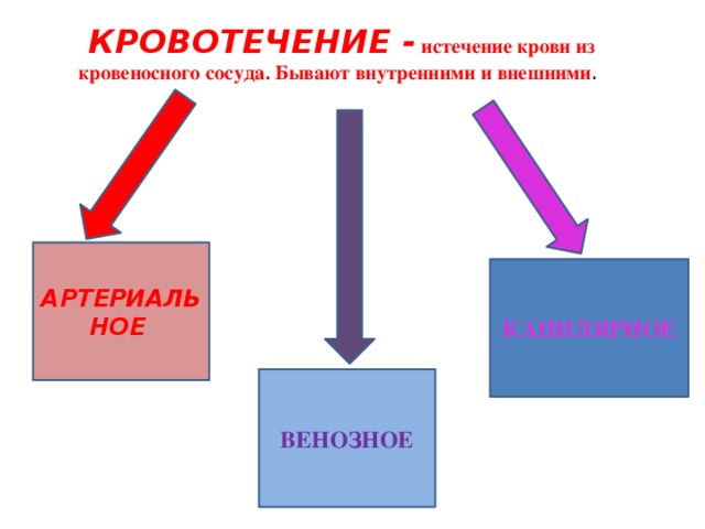 КРОВОТЕЧЕНИЕ - истечение крови из кровеносного сосуда. Бывают внутренними и внешними .   АРТЕРИАЛЬНОЕ КАПИЛЯРНОЕ ВЕНОЗНОЕ 