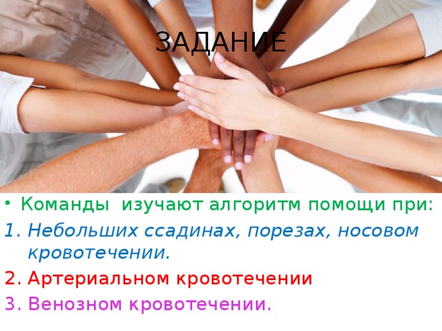 ЗАДАНИЕ Команды изучают алгоритм помощи при: Небольших ссадинах, порезах, носовом кровотечении. Артериальном кровотечении Венозном кровотечении. 