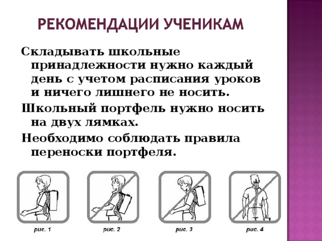 Складывать школьные принадлежности нужно каждый день с учетом расписания уроков и ничего лишнего не носить. Школьный портфель нужно носить на двух лямках. Необходимо соблюдать правила переноски портфеля.