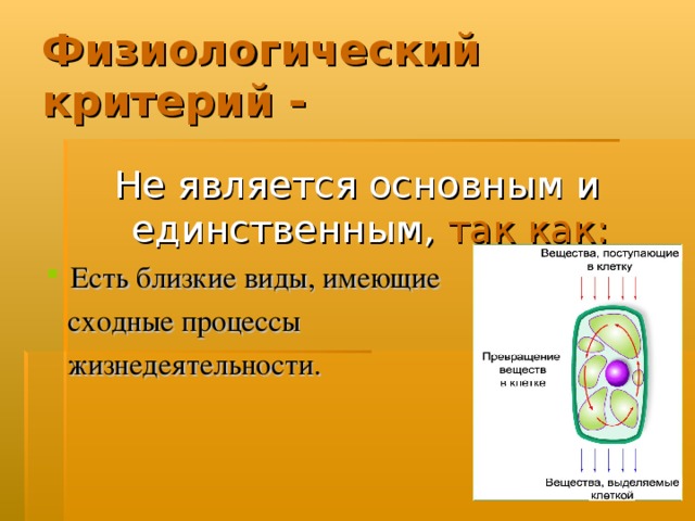 Физиологический критерий - Не является основным и единственным,  так как: Есть близкие виды, имеющие  сходные процессы  жизнедеятельности. 