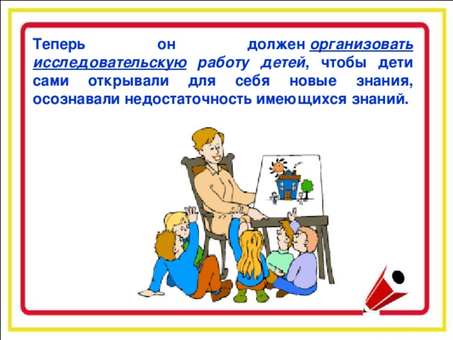 Теперь он должен  организовать  исследовательскую работу детей , чтобы дети сами открывали для себя новые знания, осознавали недостаточность имеющихся знаний.