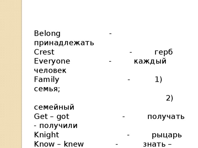 Belong - принадлежать Crest - герб Everyone - каждый человек Family - 1) семья;  2) семейный Get – got - получать - получили Knight - рыцарь Know – knew - знать – знал (знали) Symbol - символ Surname - фамилия Unicorn - единорог 