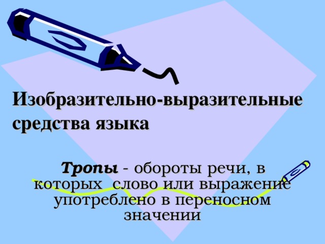 Изобразительно-выразительные средства языка Тропы - обороты речи, в которых слово или выражение употреблено в переносном значении 