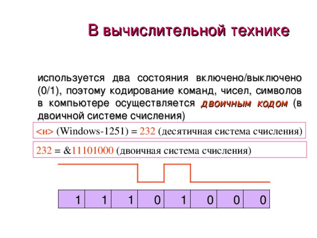 В вычислительной технике используется два состояния включено / выключено (0 /1) , поэтому кодирование команд, чисел, символов в компьютере осуществляется двоичным кодом (в двоичной системе счисления)  ( Windows-1251) = 232 (десятичная система счисления) 232 = & 11101000 ( двоичная система счисления) 1 1 0 1 0 0 0 1 