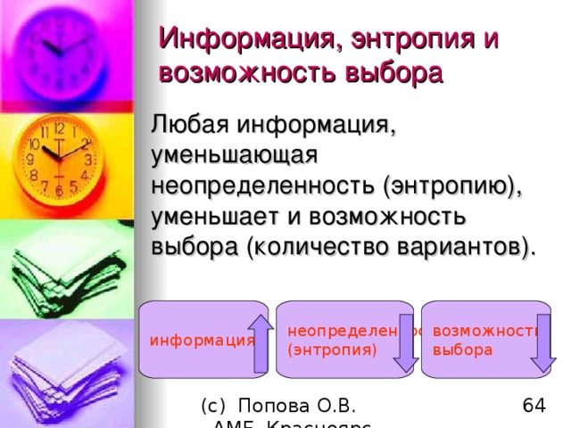Информация, энтропия и возможность выбора Любая информация, уменьшающая неопределенность (энтропию), уменьшает и возможность выбора (количество вариантов). неопределенность (энтропия) информация возможность выбора 