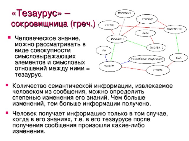 «Тезаурус» – сокровищница (греч.) Человеческое знание, можно рассматривать в виде совокупности смысловыражающих элементов и смысловых отношений между ними = тезаурус. Количество семантической информации, извлекаемое человеком из сообщения, можно определить степенью изменения его знаний. Чем больше изменений, тем больше информации получено. Человек получает информацию только в том случае, когда в его знаниях, т.е. в его тезаурусе после получения сообщения произошли какие-либо изменения. 