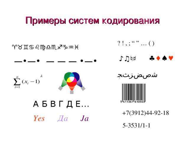 Примеры систем кодирования ? ! , ; “ ” … ( )      ♪♫♮♯ —•—• — — — •—•  ﺷﺹﺾﺰﺚﺠ А Б В Г Д Е… +7(3912)44-92-18 Yes  Да   Ja 5-3531/1-1 
