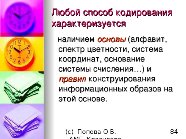 Любой способ кодирования характеризуется наличием основы (алфавит, спектр цветности, система координат, основание системы счисления…) и правил конструирования информационных образов на этой основе. 