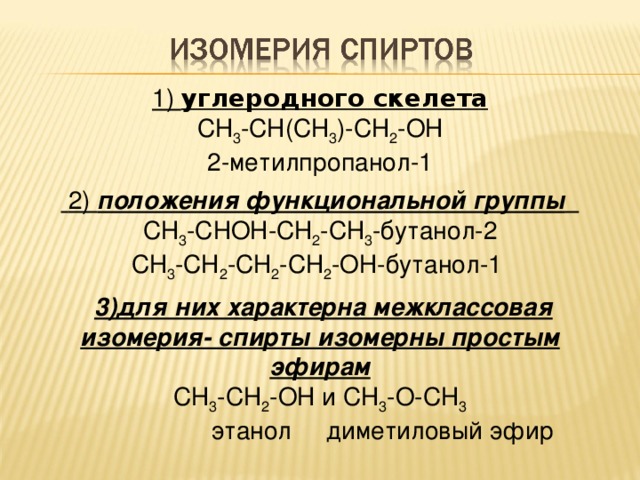 1) углеродного скелета СН 3 -СН(СН 3 )-СН 2 -ОН 2-метилпропанол-1  2) положения функциональной группы   СН 3 -СНОН-СН 2 -СН 3 -бутанол-2 СН 3 -СН 2 -СН 2 -СН 2 -ОН-бутанол-1  3)для них характерна межклассовая изомерия- спирты изомерны простым эфирам СН 3 -СН 2 -ОН и СН 3 -О-СН 3  этанол диметиловый эфир