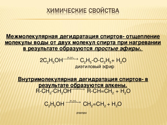 Межмолекулярная дегидратация спиртов- отщепление молекулы воды от двух молекул спирта при нагревании в результате образуются простые эфиры.  2С 2 Н 5 ОН С 2 Н 5 -О-С 2 Н 5 + Н 2 О  диэтиловый эфир Внутримолекулярная дегидратация спиртов- в результате образуются алкены. R- СН 2 -СН 2 OH  R- СН=СН 2 + Н 2 О С 2 Н 5 ОН СН 2 =СН 2 + Н 2 О  этилен