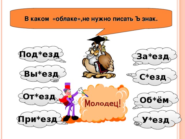 В каком «облаке»,не нужно писать Ъ знак. Под*езд За*езд Вы*езд С*езд От*езд Об*ём У*езд При*езд