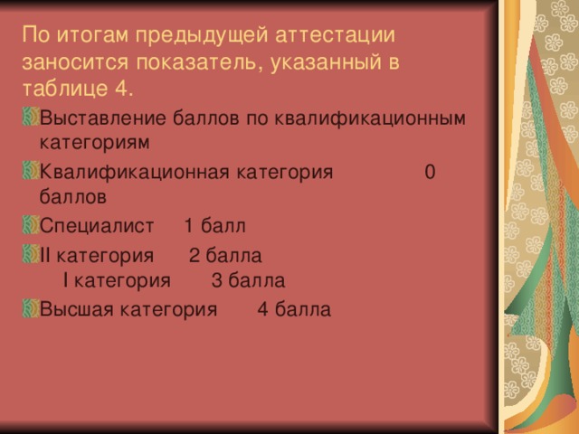 По итогам предыдущей аттестации заносится показатель, указанный в таблице 4.