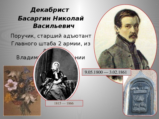 Декабрист Басаргин Николай Васильевич   Поручик, старший адъютант Главного штаба 2 армии, из дворян Владимирской губернии 9.05.1800 — 3.02.1861 1815 — 1866