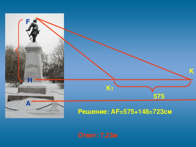 F K H K 1 575 A Решение: А F =575+148=723см Ответ: 7,23м