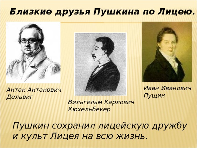 Близкие друзья Пушкина по Лицею. Иван Иванович Пущин Антон Антонович Дельвиг Вильгельм Карлович Кюхельбекер Пушкин сохранил лицейскую дружбу и культ Лицея на всю жизнь. 