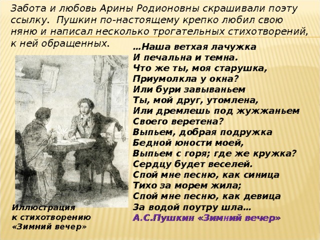 Забота и любовь Арины Родионовны скрашивали поэту ссылку. Пушкин по-настоящему крепко любил свою няню и написал несколько трогательных стихотворений, к ней обращенных. … Наша ветхая лачужка И печальна и темна. Что же ты, моя старушка, Приумолкла у окна? Или бури завываньем Ты, мой друг, утомлена, Или дремлешь под жужжаньем Своего веретена? Выпьем, добрая подружка Бедной юности моей, Выпьем с горя; где же кружка? Сердцу будет веселей. Спой мне песню, как синица Тихо за морем жила; Спой мне песню, как девица За водой поутру шла… А.С.Пушкин «Зимний вечер» Иллюстрация к стихотворению «Зимний вечер» 