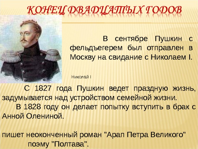  В сентябре Пушкин с фельдъегерем был отправлен в Москву на свидание с Николаем I.  Николай I  С 1827 года Пушкин ведет праздную жизнь, задумывается над устройством семейной жизни.  В 1828 году он делает попытку вступить в брак с Анной Олениной. пишет неоконченный роман 