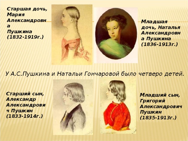 Старшая дочь, Мария Александровна Пушкина  (1832-1919г.) Младшая дочь, Наталья Александровна Пушкина  (1836-1913г.)  У А.С.Пушкина и Натальи Гончаровой было четверо детей. Старший сын, Александр Александрович Пушкин  (1833-1914г.) Младший сын, Григорий Александрович Пушкин  (1835-1913г.)  