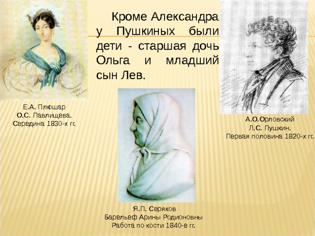 Кроме Александра у Пушкиных были дети - старшая дочь Ольга и младший сын Лев. Е.А. Плюшар  О.С. Павлищева.  Середина 1830-х гг. А.О.Орловский  Л.С. Пушкин.  Первая половина 1820-х гг. Я.П. Серяков  Барельеф Арины Родионовны  Работа по кости 1840-е гг. 