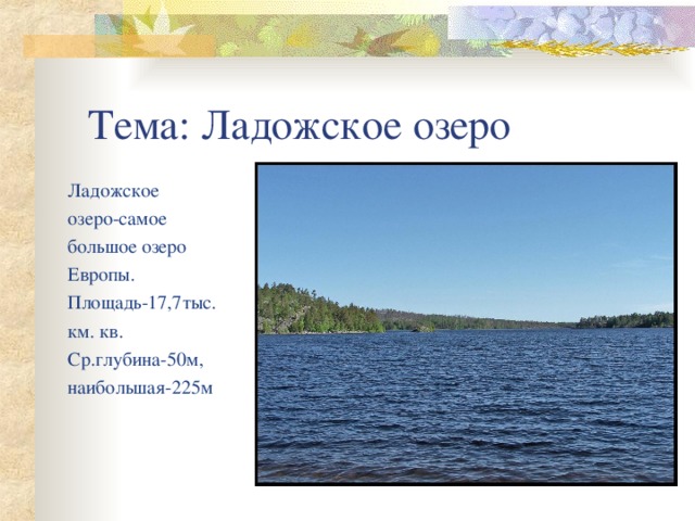 Тема: Ладожское озеро  Ладожское  озеро-самое  большое озеро  Европы.  Площадь-17,7тыс.  км. кв.  Ср.глубина-50м,  наибольшая-225м 