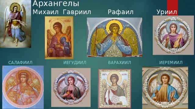 Архангелы  Михаил Гавриил Рафаил Уриил Салафиил Иегудиил Варахиил Иеремиил 