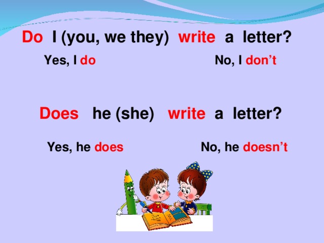 Do I (you, we they) write a letter?  Yes, I do No, I don’t Does he (she) write a letter? Yes, he does No, he doesn’t 