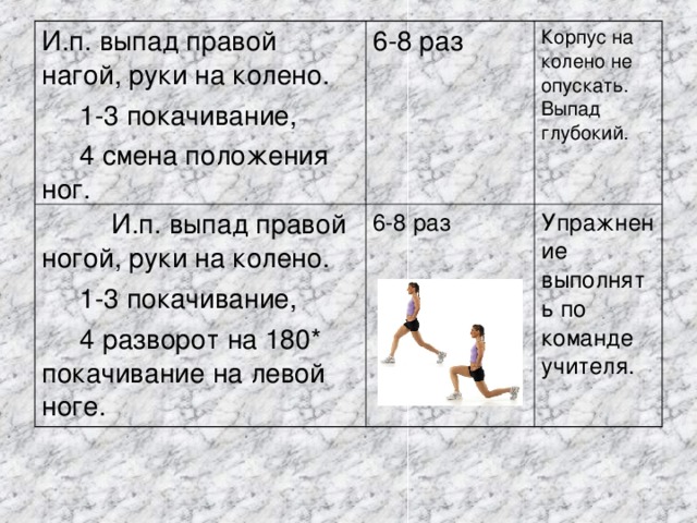 И.п. выпад правой нагой, руки на колено.  1-3 покачивание,  4 смена положения ног. 6-8 раз  И.п. выпад правой ногой, руки на колено.  1-3 покачивание,  4 разворот на 180* покачивание на левой ноге. 6-8 раз Корпус на колено не опускать. Выпад глубокий. Упражнение выполнять по команде учителя. 