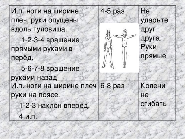 И.п. ноги на ширине плеч, руки опущены вдоль туловища.  1-2-3-4 вращение прямыми руками в перёд,  5-6-7-8 вращение руками назад 4-5 раз И.п. ноги на ширине плеч руки на поясе.  1-2-3 наклон вперёд,  4 и.п. 6-8 раз Не ударьте друг друга. Руки прямые Колени не сгибать 