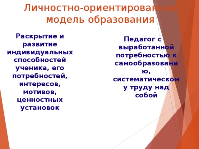 Личностно-ориентированная модель образования Раскрытие и развитие индивидуальных способностей ученика, его потребностей, интересов, мотивов, ценностных установок Педагог с выработанной потребностью к самообразованию, систематическому труду над собой