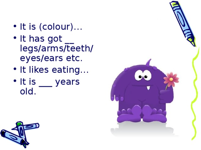 It is (colour)… It has got __ legs/arms/teeth/eyes/ears etc. It likes eating… It is ___ years old.  
