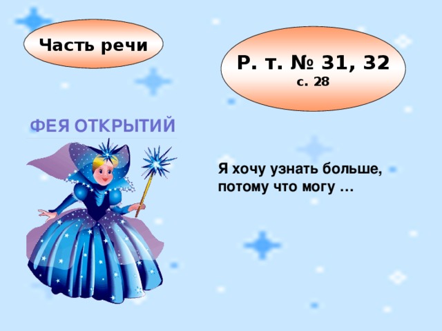 Часть речи Р. т. № 31, 32 с. 28 ФЕЯ ОТКРЫТИЙ Я хочу узнать больше, потому что могу … 4 