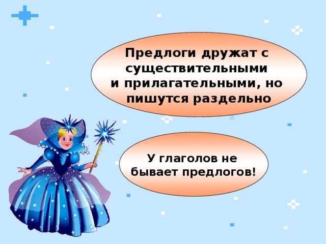 Предлоги дружат с существительными и прилагательными, но пишутся раздельно У глаголов не бывает предлогов! 4 